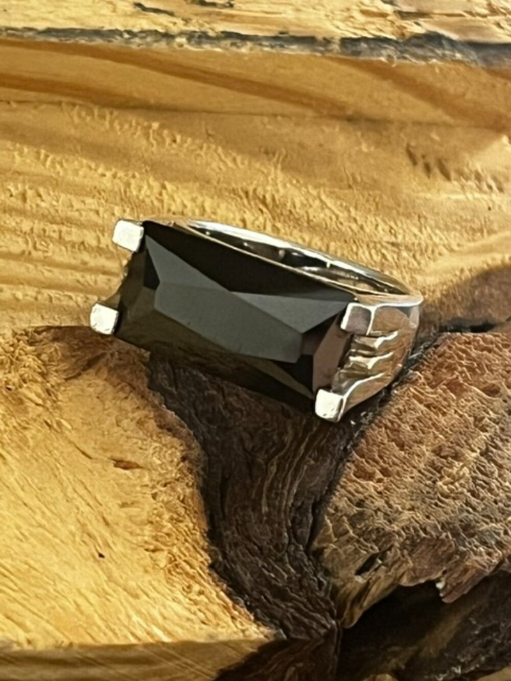 925 Sterling Silver Ring Chunky Black Faceted Stone Statement Size 8 1/2
